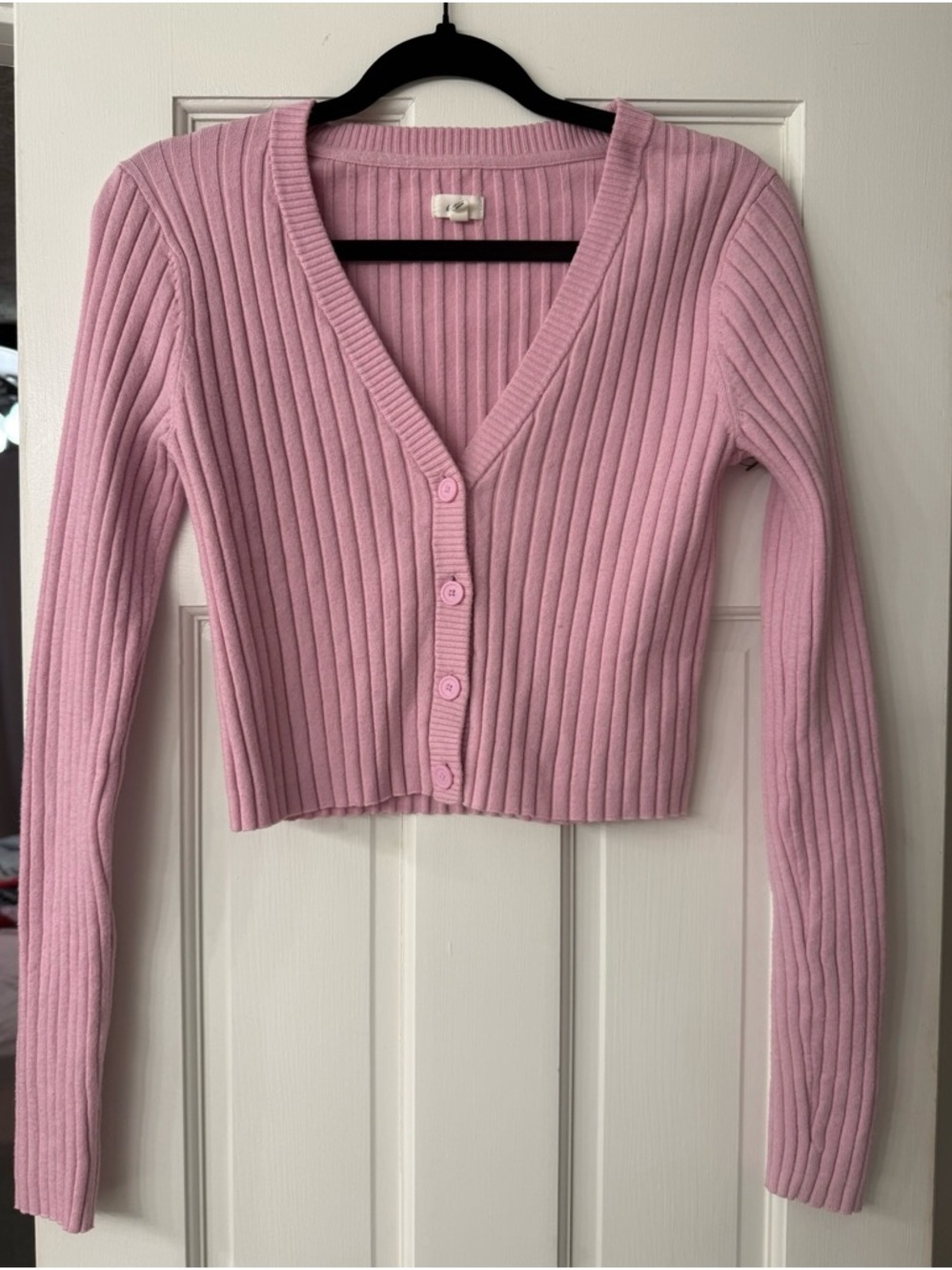 aerie Pink Ribbed V-Neck Button-Front Cropped Cardigan Med